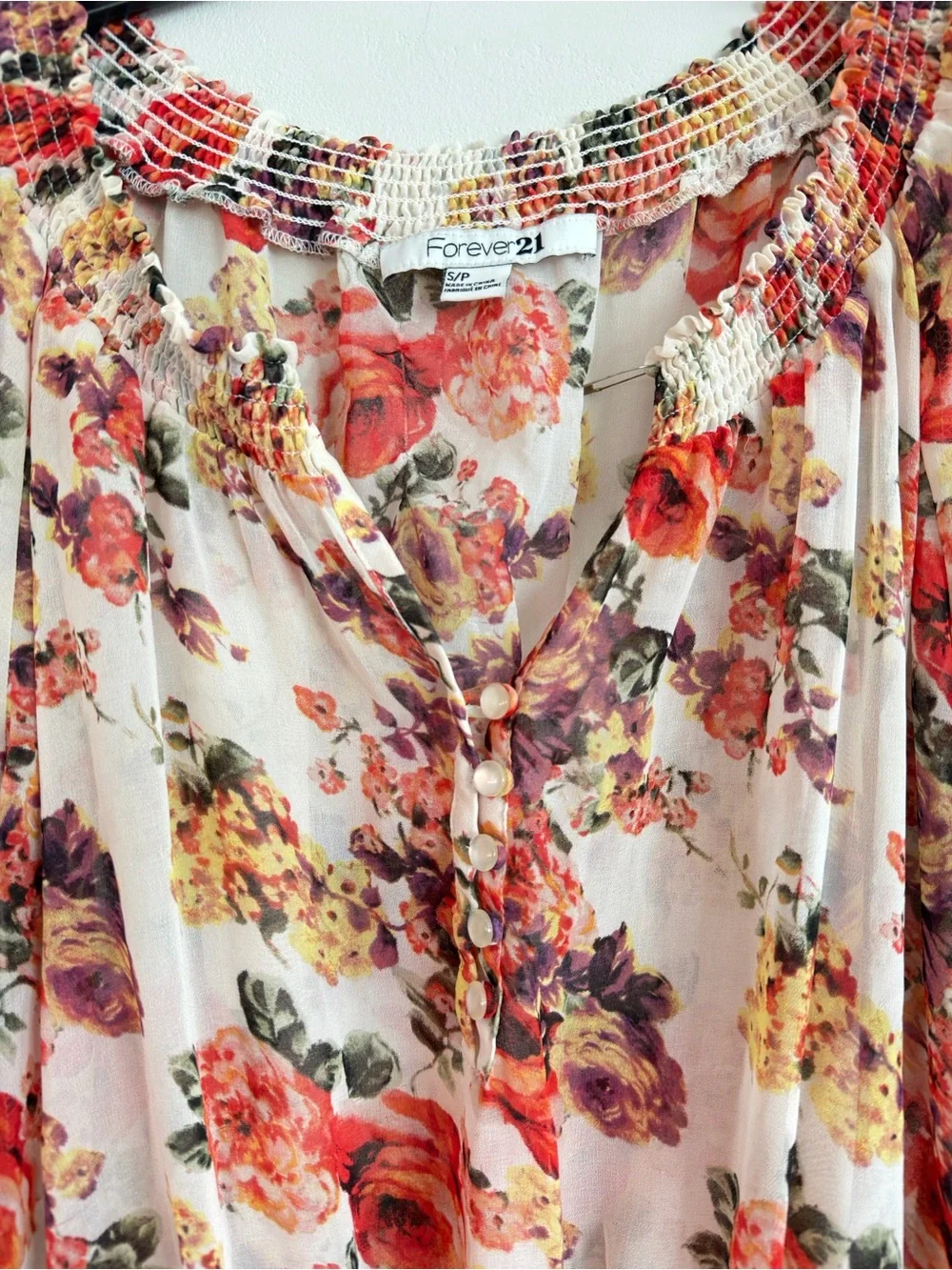 Forever 21 Cream Floral Peasant Tunic with Red & Purple Blooms